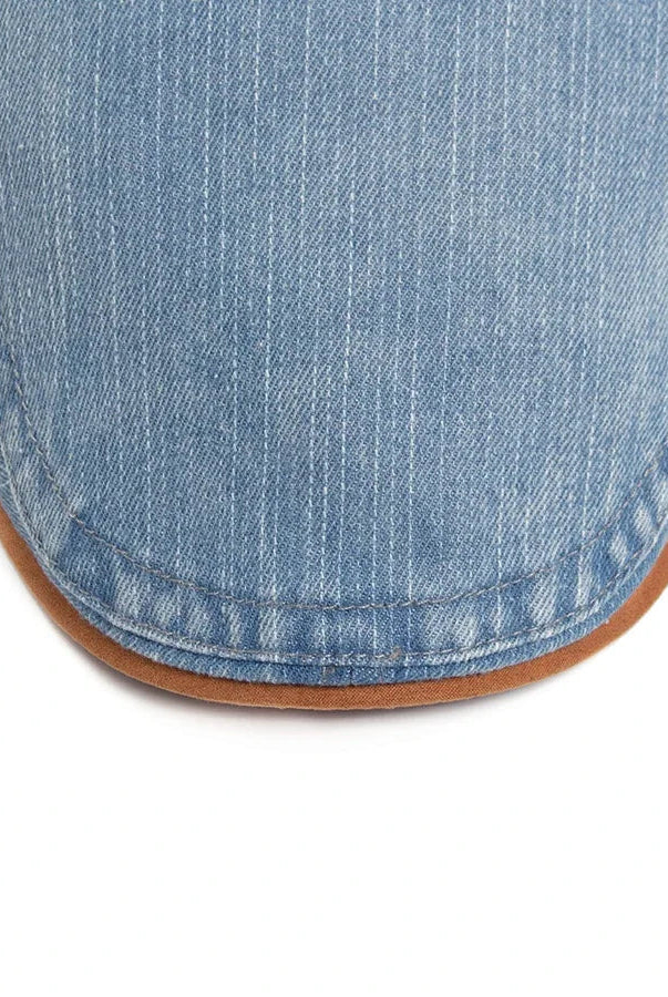 Back view of the Kian premium denim flat cap, displaying the smooth contour and quality finish.