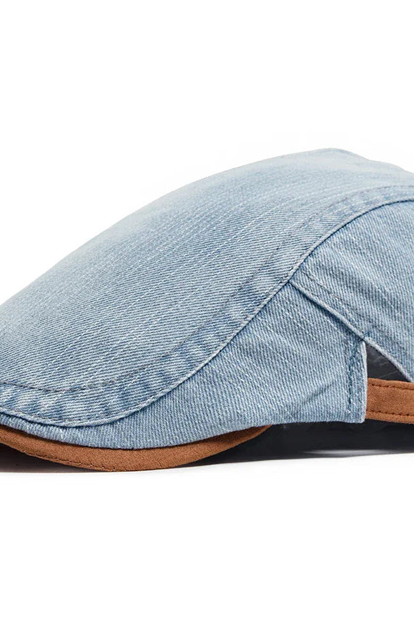 Side profile of the Kian premium denim flat cap, highlighting its sleek design and tailored fit.