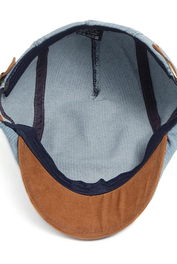 The interior lining of the Kian premium denim flat cap, illustrating the comfortable and breathable material.