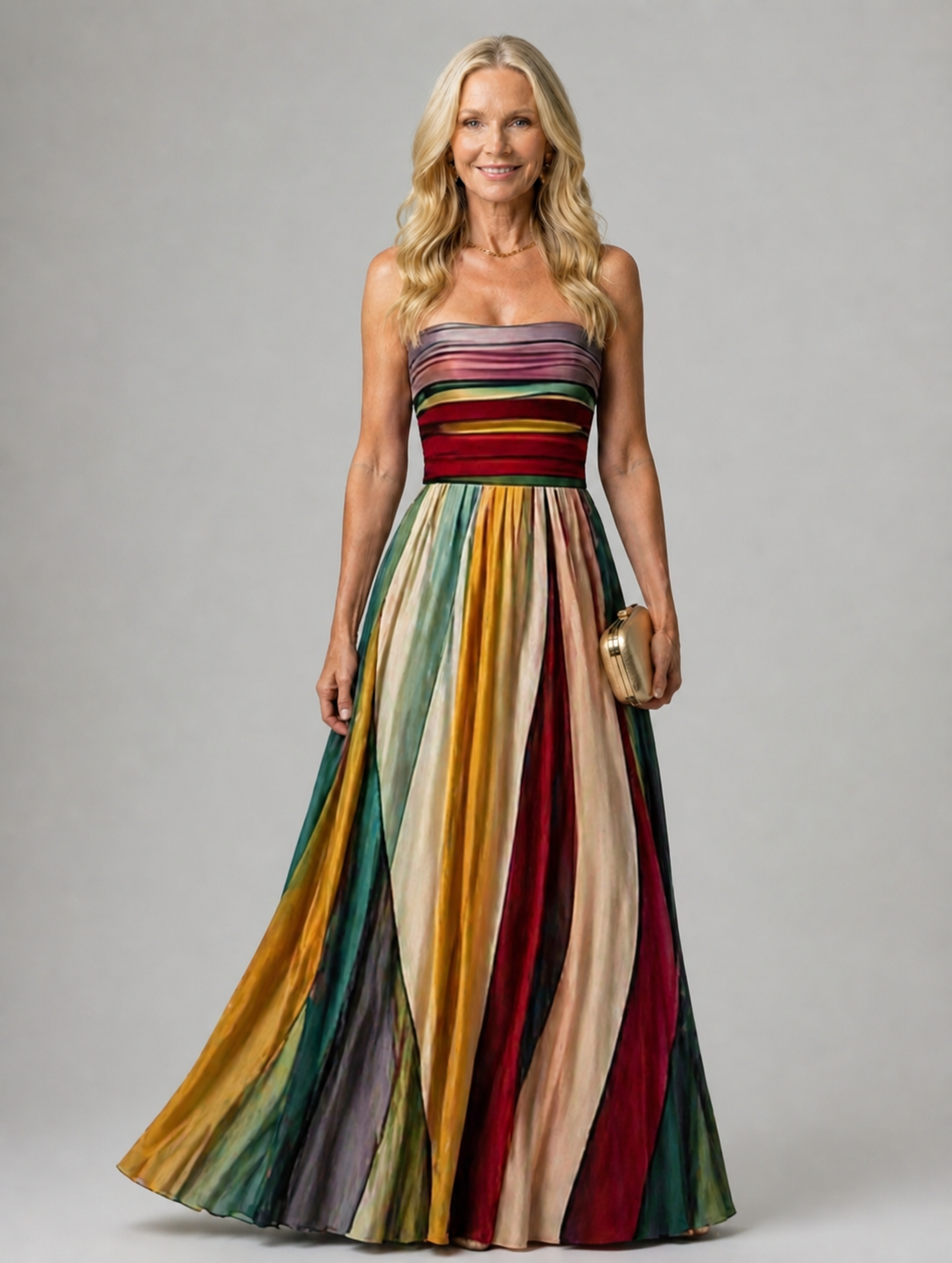 Front view of the Kallista strapless A-line dress in a soft, flowing fabric, showcasing its elegant drape.
