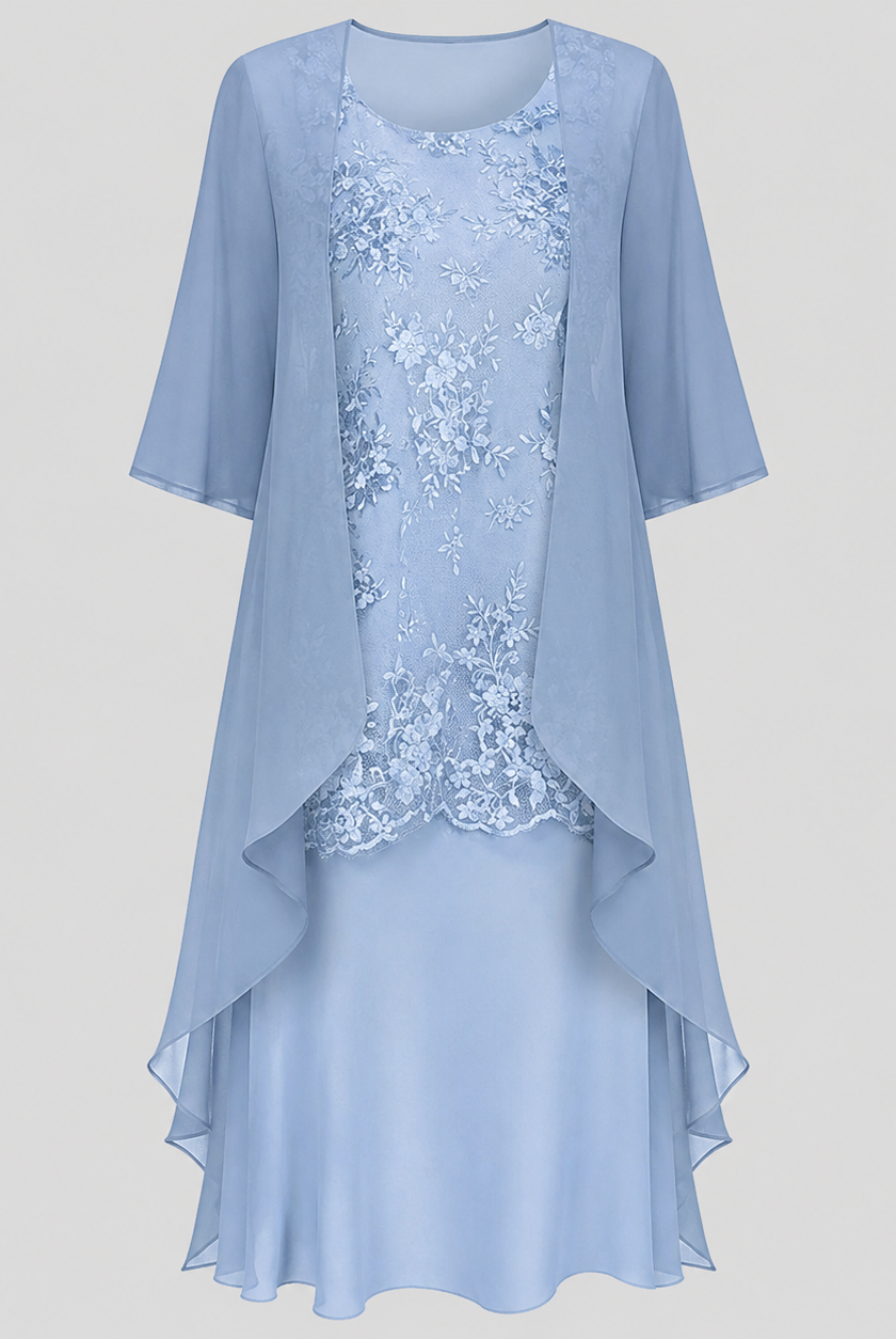 Close-up detail of the lightweight chiffon fabric of the two-piece dress, highlighting its delicate texture and soft sheen.