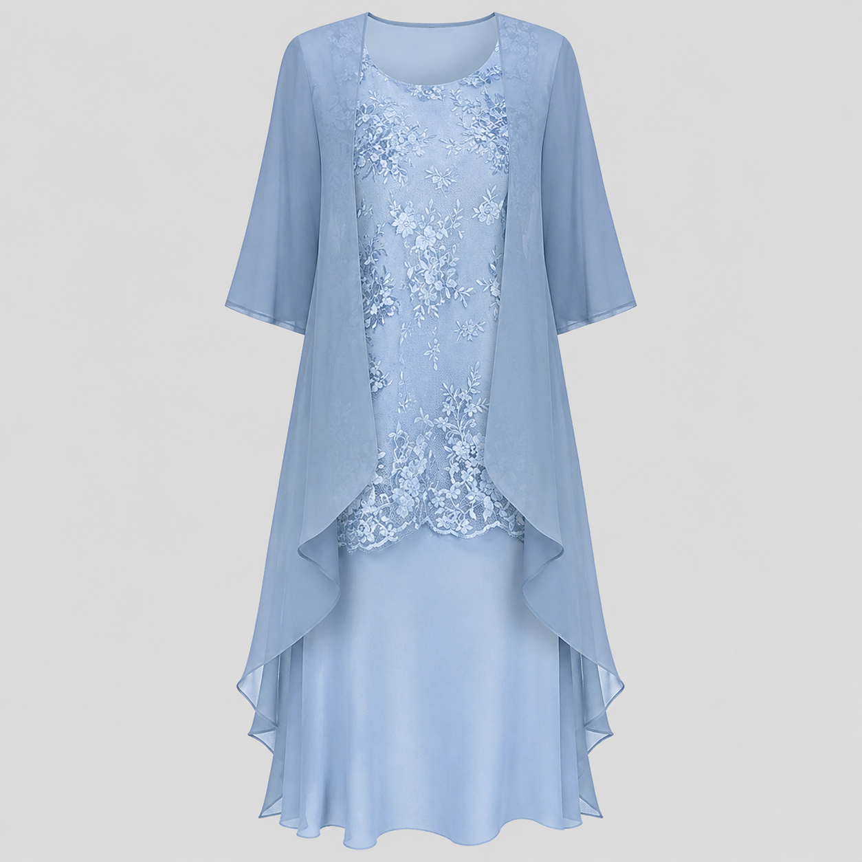 Close-up detail of the lightweight chiffon fabric of the two-piece dress, highlighting its delicate texture and soft sheen.