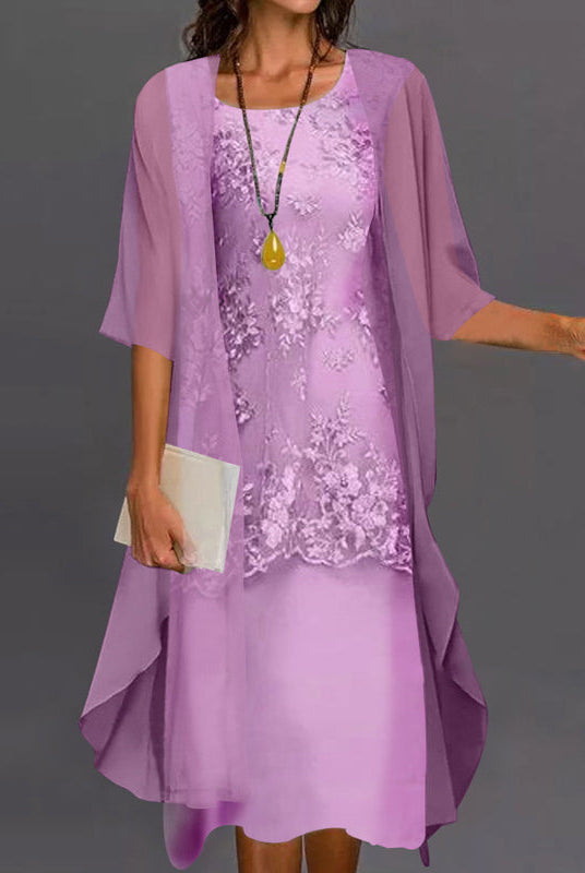 Detail shot of the 3/4 sleeves and round neckline of the Lumi chiffon two-piece dress, focusing on the refined stitching.