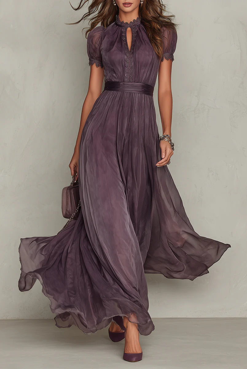 Front view of the Lyra purple chiffon lace maxi dress, showcasing the keyhole neckline and flowing skirt.
