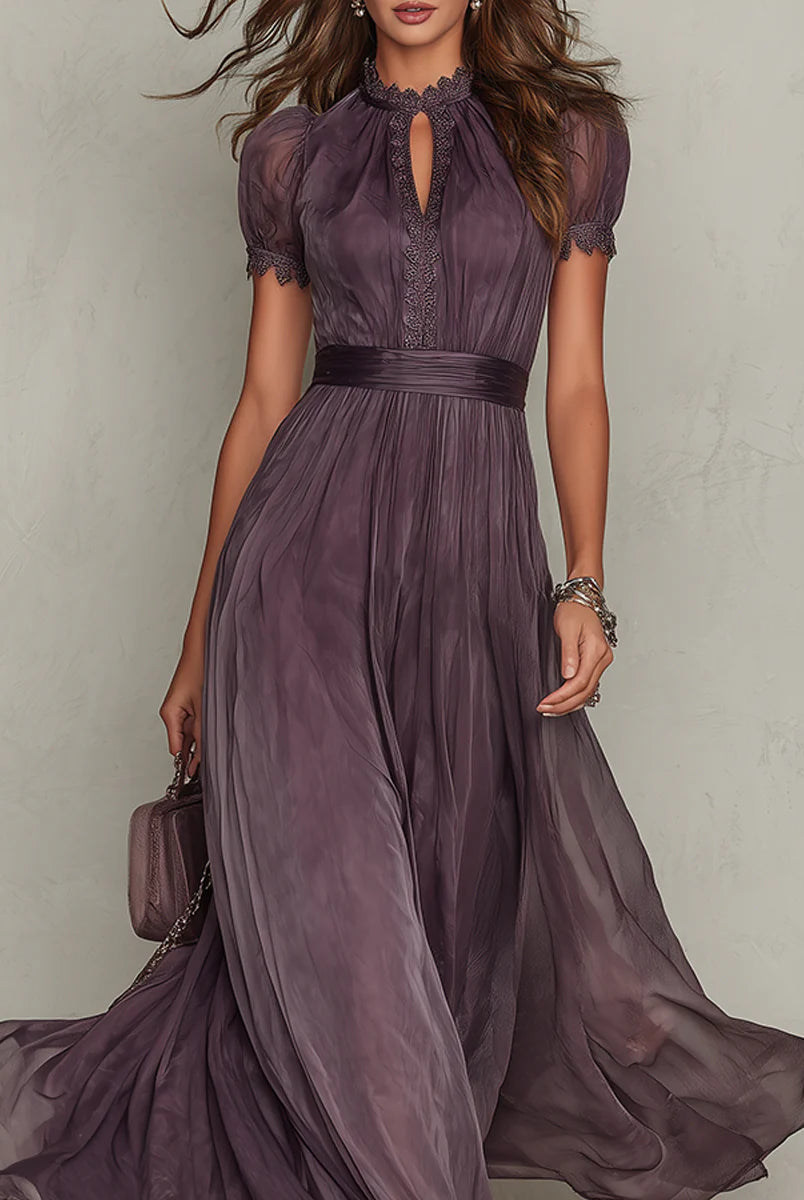 Back view of the purple chiffon lace maxi dress, emphasizing the graceful drape of the fabric and hidden zipper.