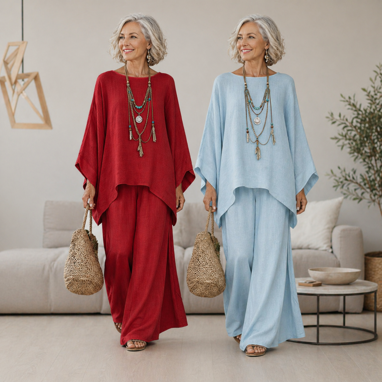 Front view of a woman wearing the Lyra elegant two-piece set in a vibrant red, showcasing the flowing top and matching pants.