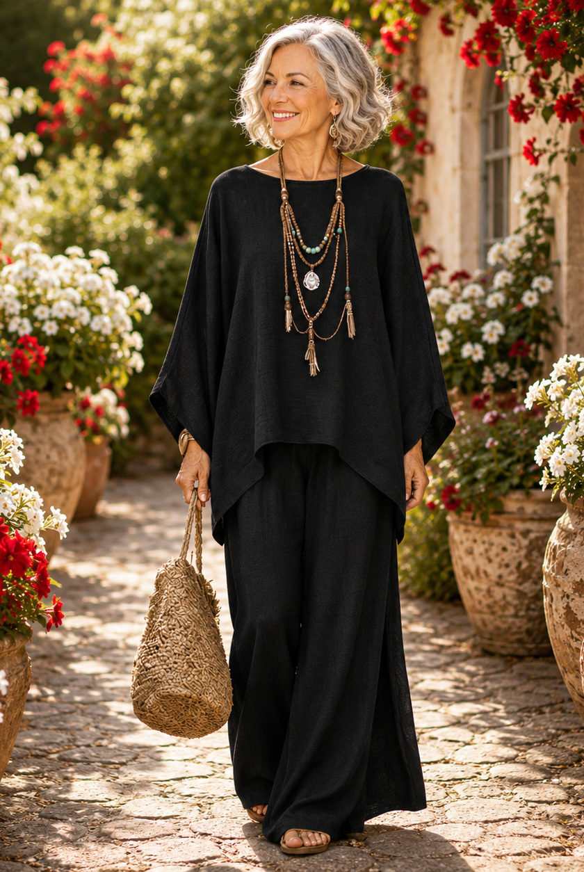 A woman relaxing outdoors in the navy two-piece set, emphasizing the comfort and breathability of the garment.