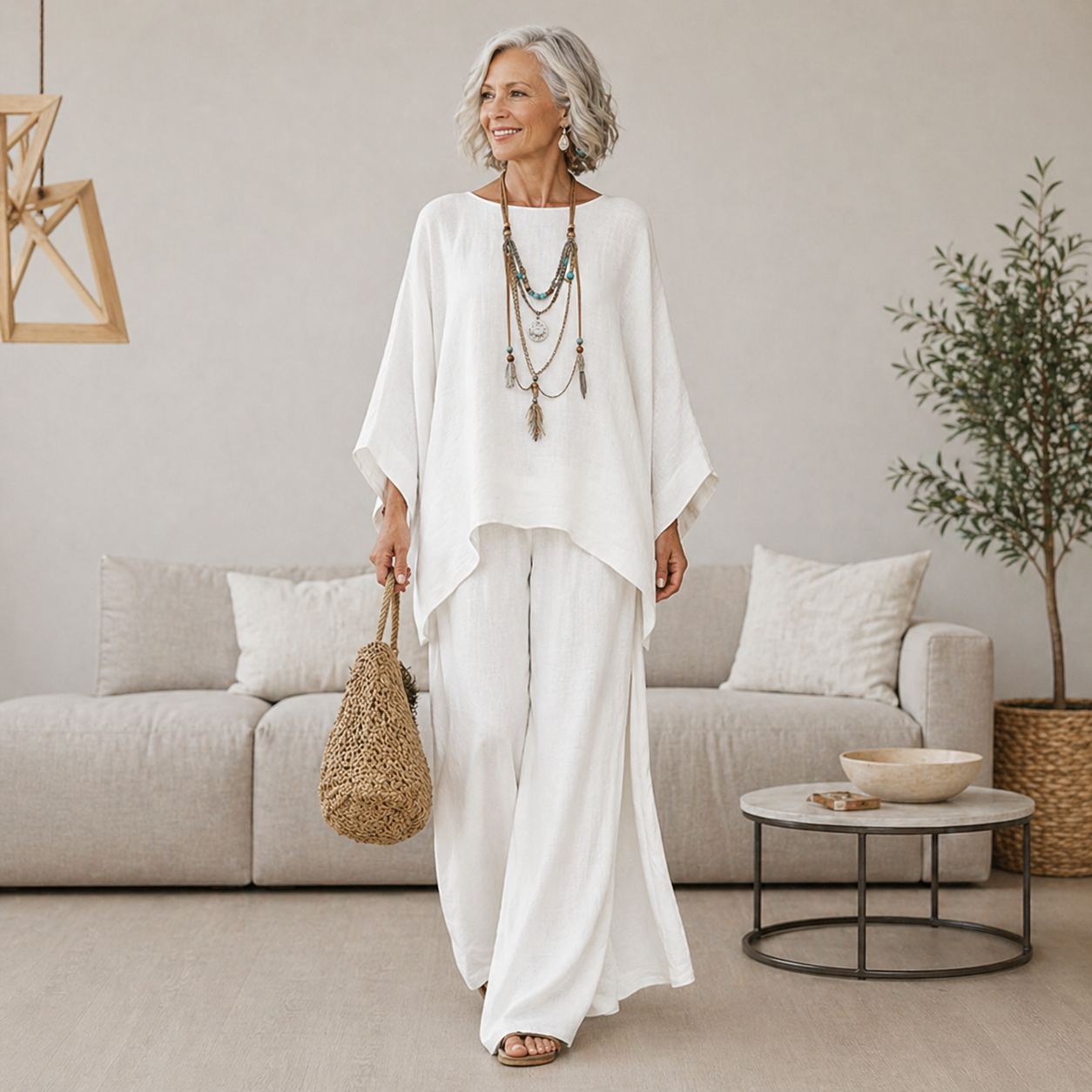 A woman enjoying a leisurely stroll while wearing the navy Lyra elegant two-piece set, perfect for casual outings.