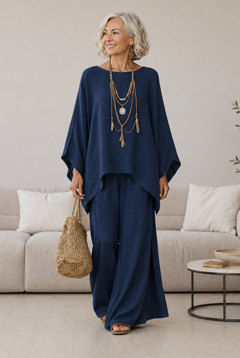Back view of the white two-piece set, illustrating the sophisticated cut and how it complements the wearer's silhouette.