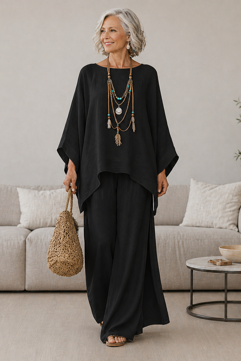 Lifestyle shot of the black Lyra elegant two-piece set, styled for a chic, relaxed evening look.