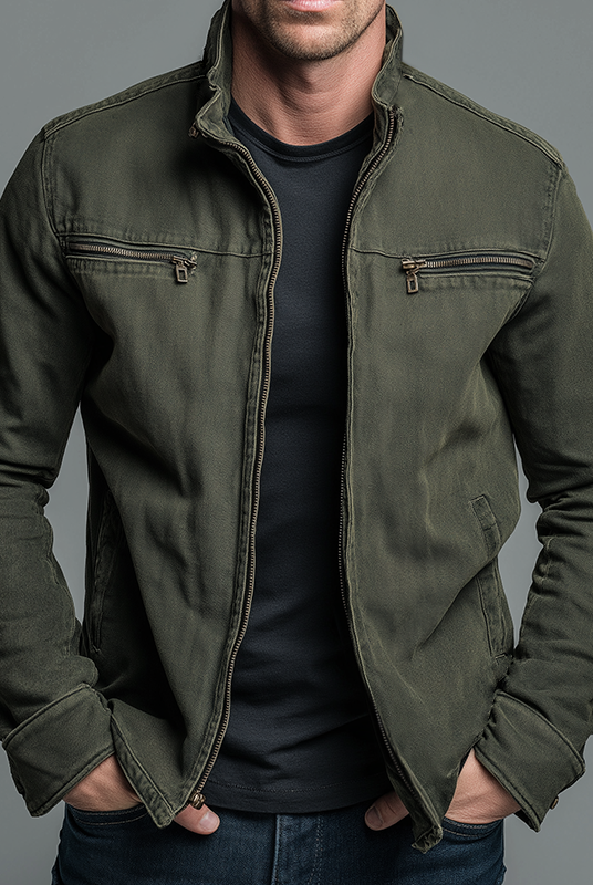 Matteo rugged thermal jacket in dark green, front view, showcasing its durable fabric and classic design.