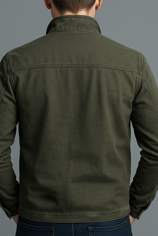 Close-up detail of the Matteo rugged thermal jacket's robust cotton-blend texture and sturdy stitching.