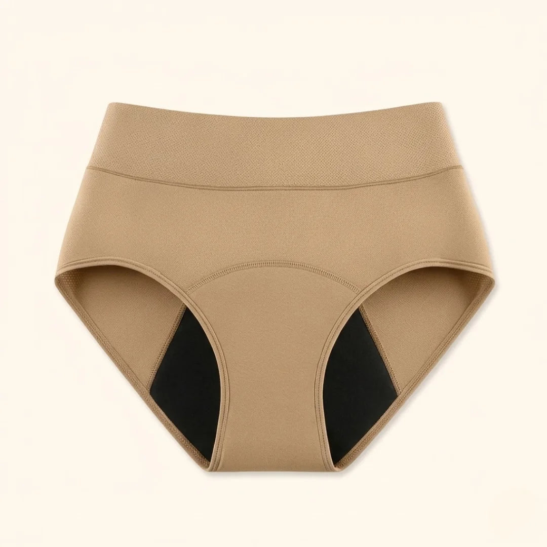 Front view of beige Nina leak-proof underwear on a clean white background, showcasing its smooth fabric.