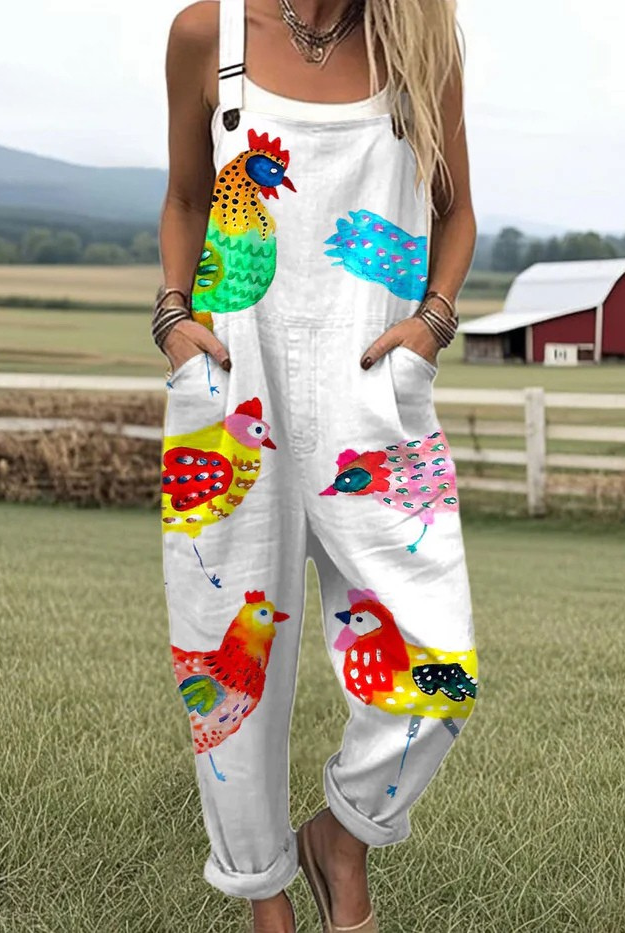 Front view of the Seraphine playful printed jumpsuit, showcasing its unique chicken pattern in vibrant colors against a neutral background.