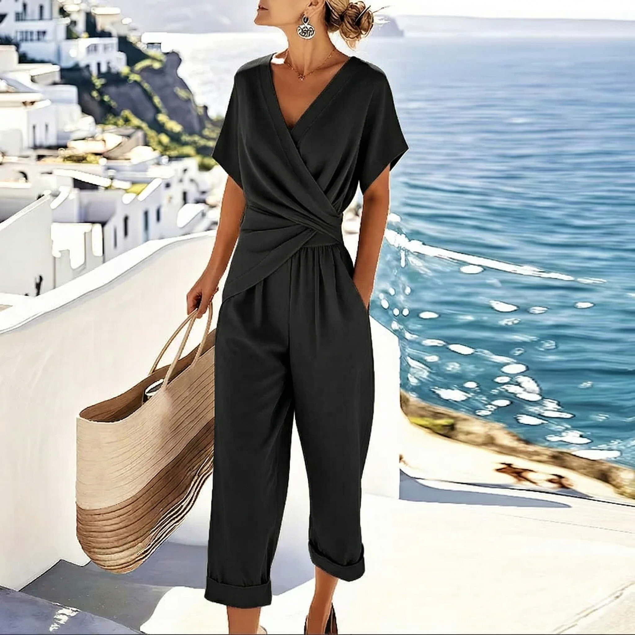 Full-body shot of a woman wearing the black refined two-piece outfit, styled for an evening event, showing its versatility.