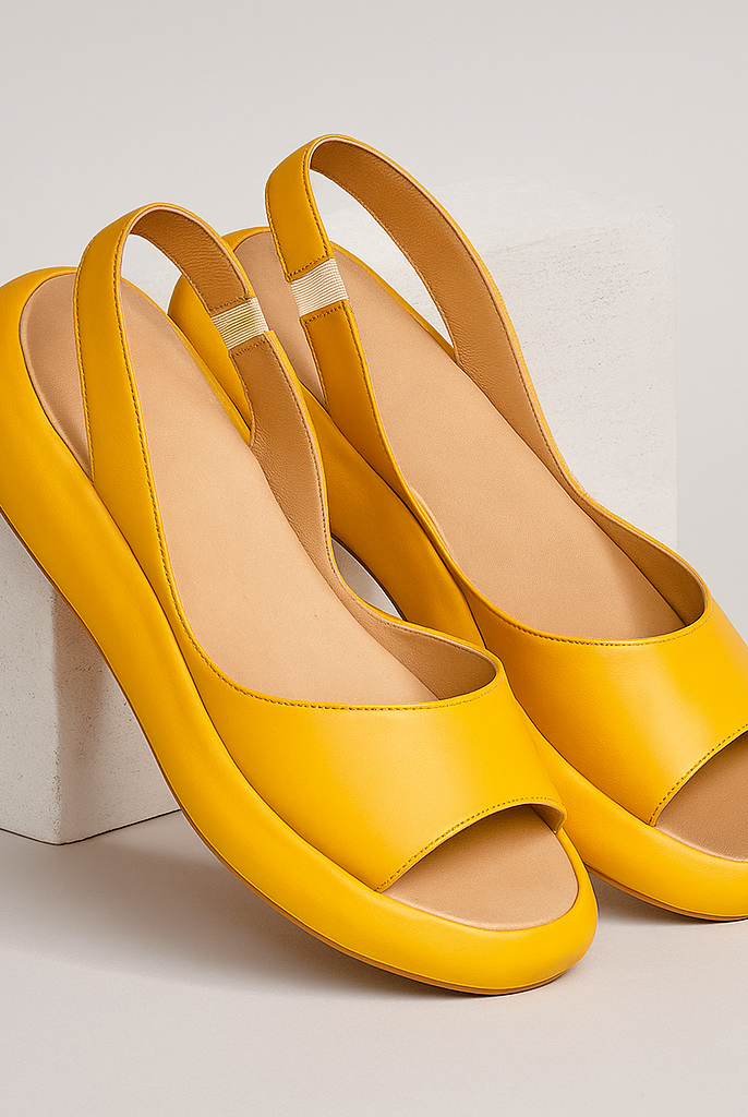 Yellow Zara open-toe non-slip sandals, angled view, displaying the textured non-slip sole for reliable grip.