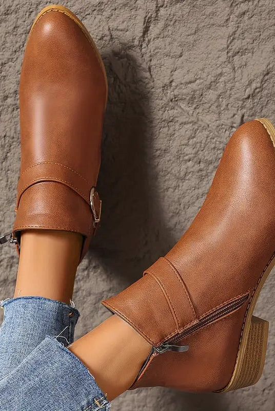 Three-quarter view of the brown Zara comfort ankle boot on a white background, highlighting its versatile style.