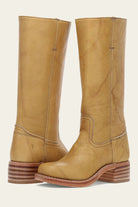 Anya classic western boots in light brown, front view, showcasing the clean mid-calf silhouette and stacked heel.