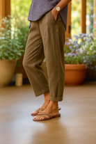 Close-up detail of the elasticated waistband on the Avani elegant lightweight trousers, emphasizing comfort and adjustability.