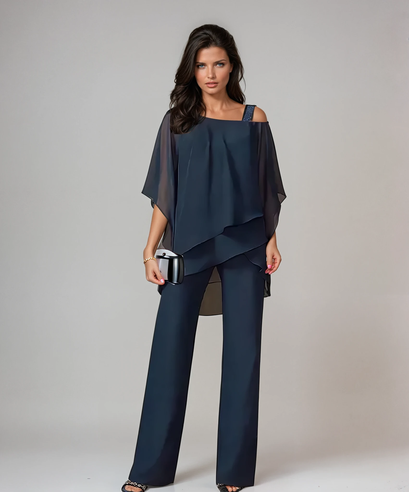 Back view of the sophisticated two-piece layered set in navy blue, emphasizing the comfortable and non-restrictive silhouette.
