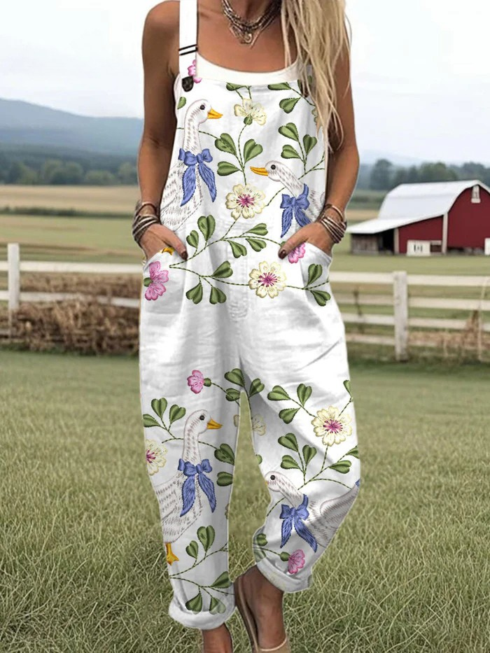 Front view of the Bronte whimsical goose and floral jumpsuit on a white background, showcasing the relaxed fit and charming print.