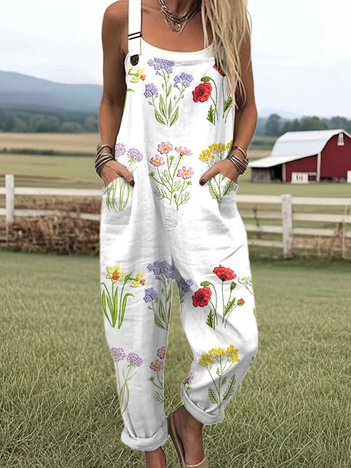 Front view of the Celeste floral trail jumpsuit on a model, showcasing its relaxed fit and vibrant wildflower pattern against a natural backdrop.