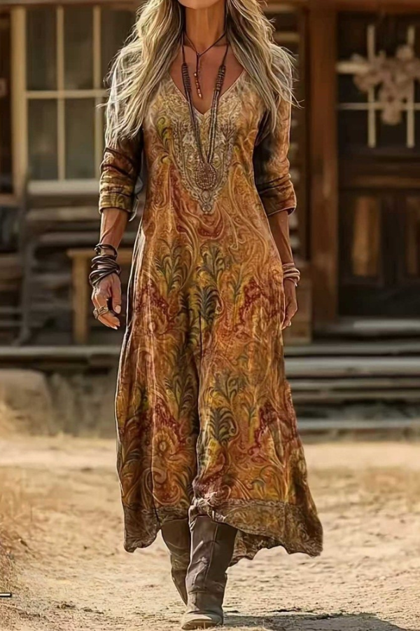 Woman wearing a multicolour Elara bohemian floral maxi dress, front view, standing outdoors.