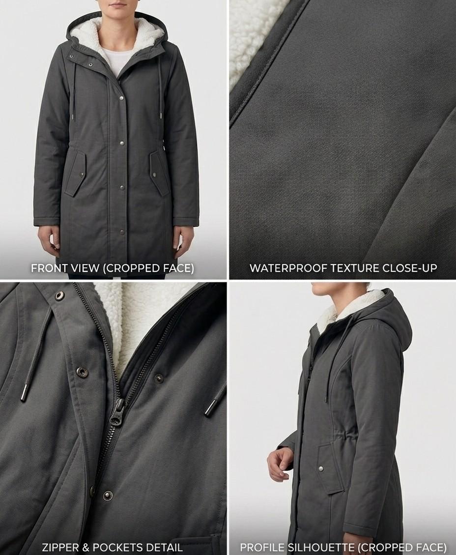 Lifestyle shot of a woman confidently walking in the midnight navy Elara waterproof fleece-lined parka.