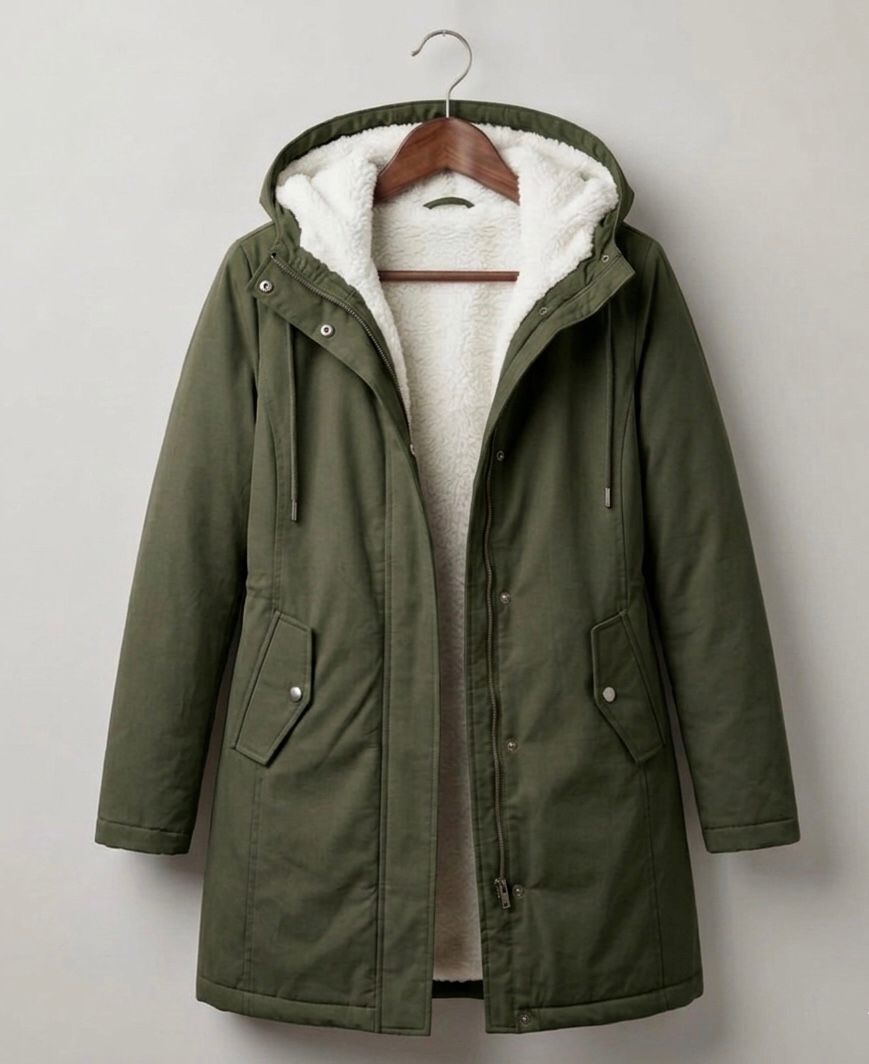 Detail of the wrist cuff and sleeve design on the khaki Elara parka, indicating a secure fit.