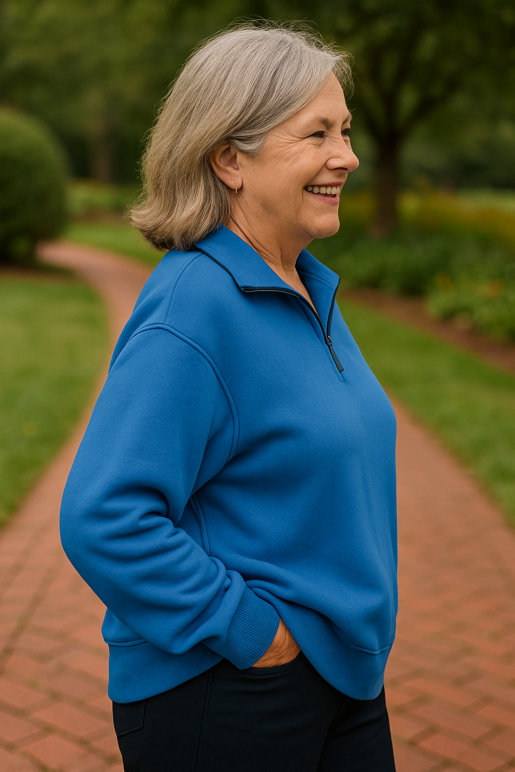 Lifestyle image of a woman enjoying a warm drink while wearing the Elara quarter-zip knit, conveying comfort and relaxation.