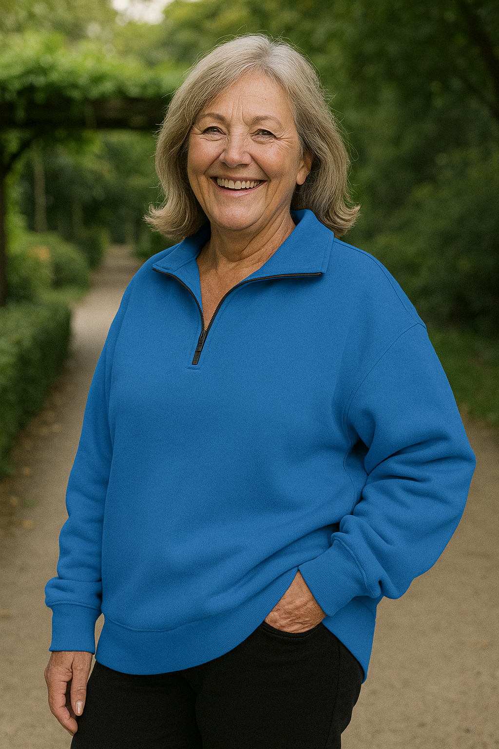 Group of various colored Elara quarter-zip knit pullovers folded neatly, showing the range of available options.