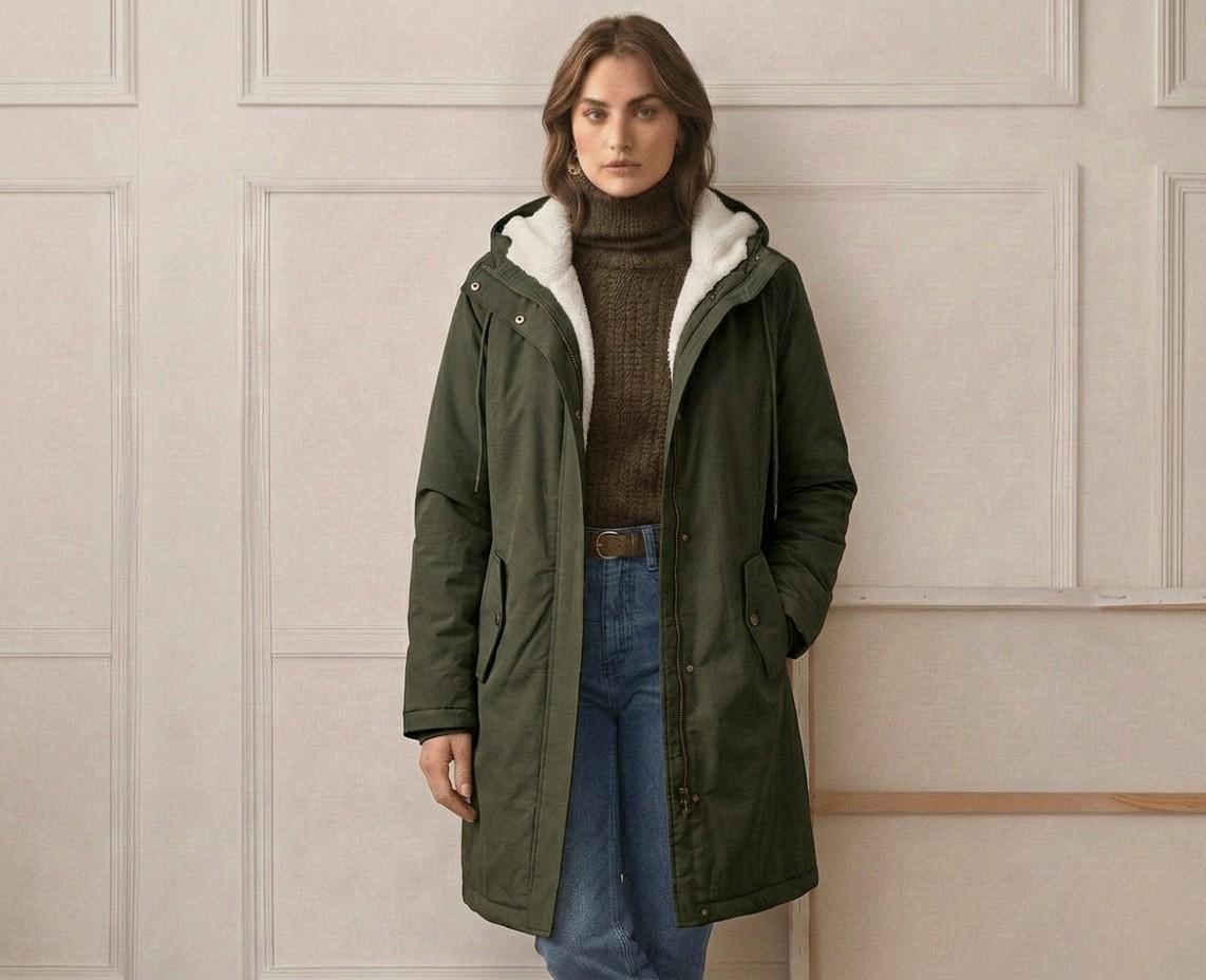 Front view of the berry red Elara waterproof parka, styled with winter accessories.