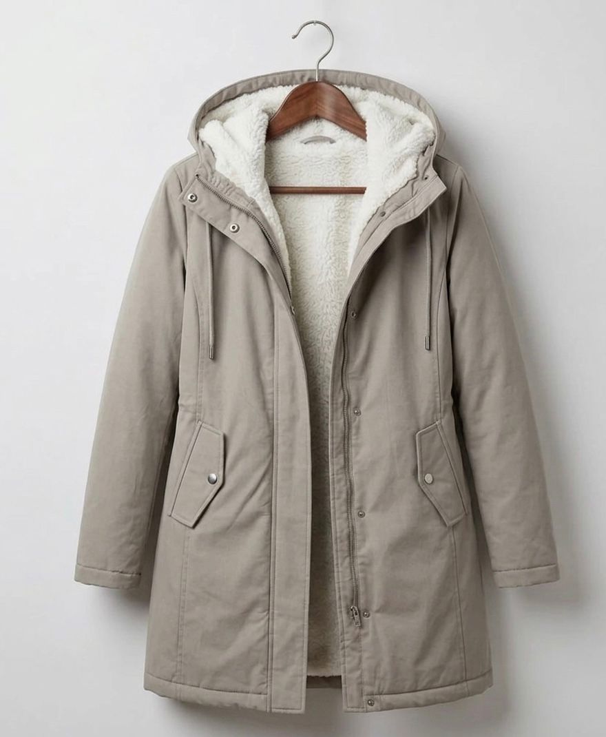 Detail of the Elara parka's hemline, indicating a clean finish and practical length.