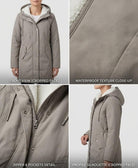 Overhead shot of the Elara parka laid flat, showcasing the overall design and material contrast.