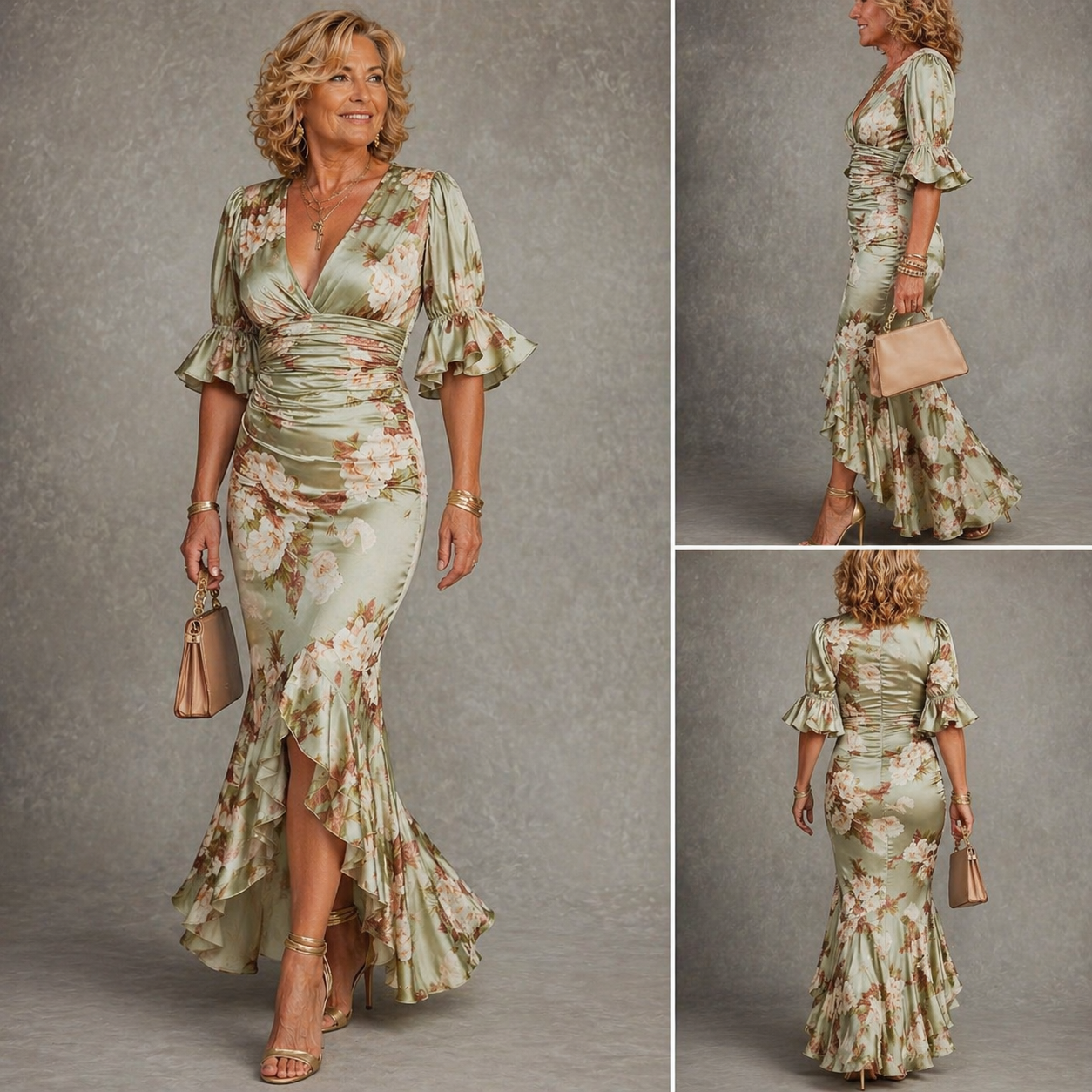 Side profile of the elegant floral maxi dress, highlighting the flowing skirt and delicate floral pattern.