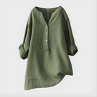 Close-up detail of the breathable cotton-linen fabric texture on the Elara blouse, showcasing its quality.
