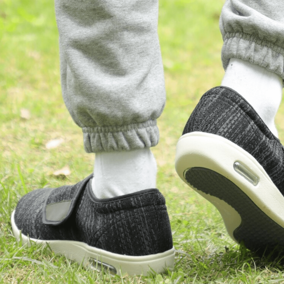 Close-up of the adjustable hook-and-loop strap on the forefoot of the Elara comfort shoe, demonstrating ease of custom fit.
