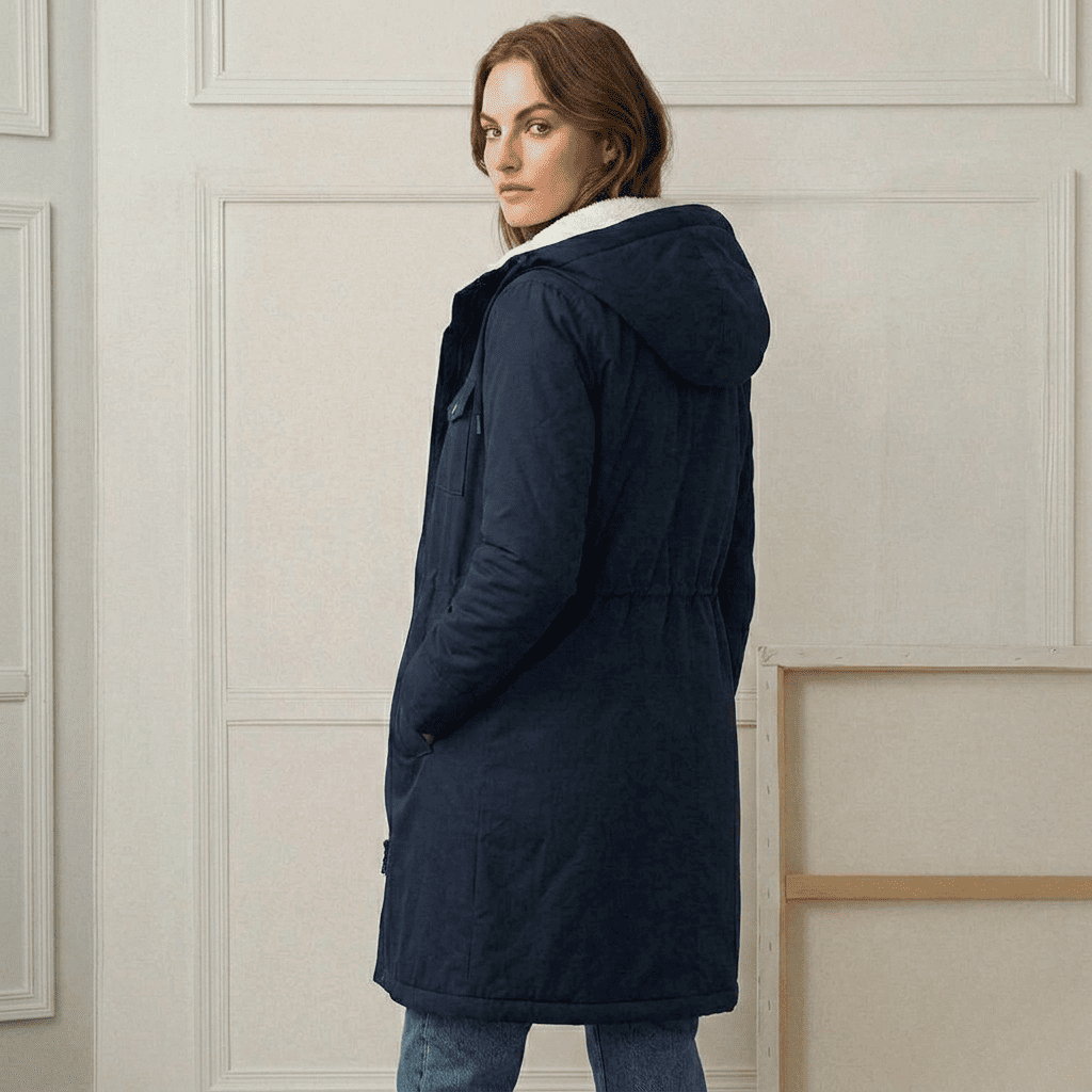 Close-up of the midnight navy Elara parka's waterproof fabric texture and quality stitching.