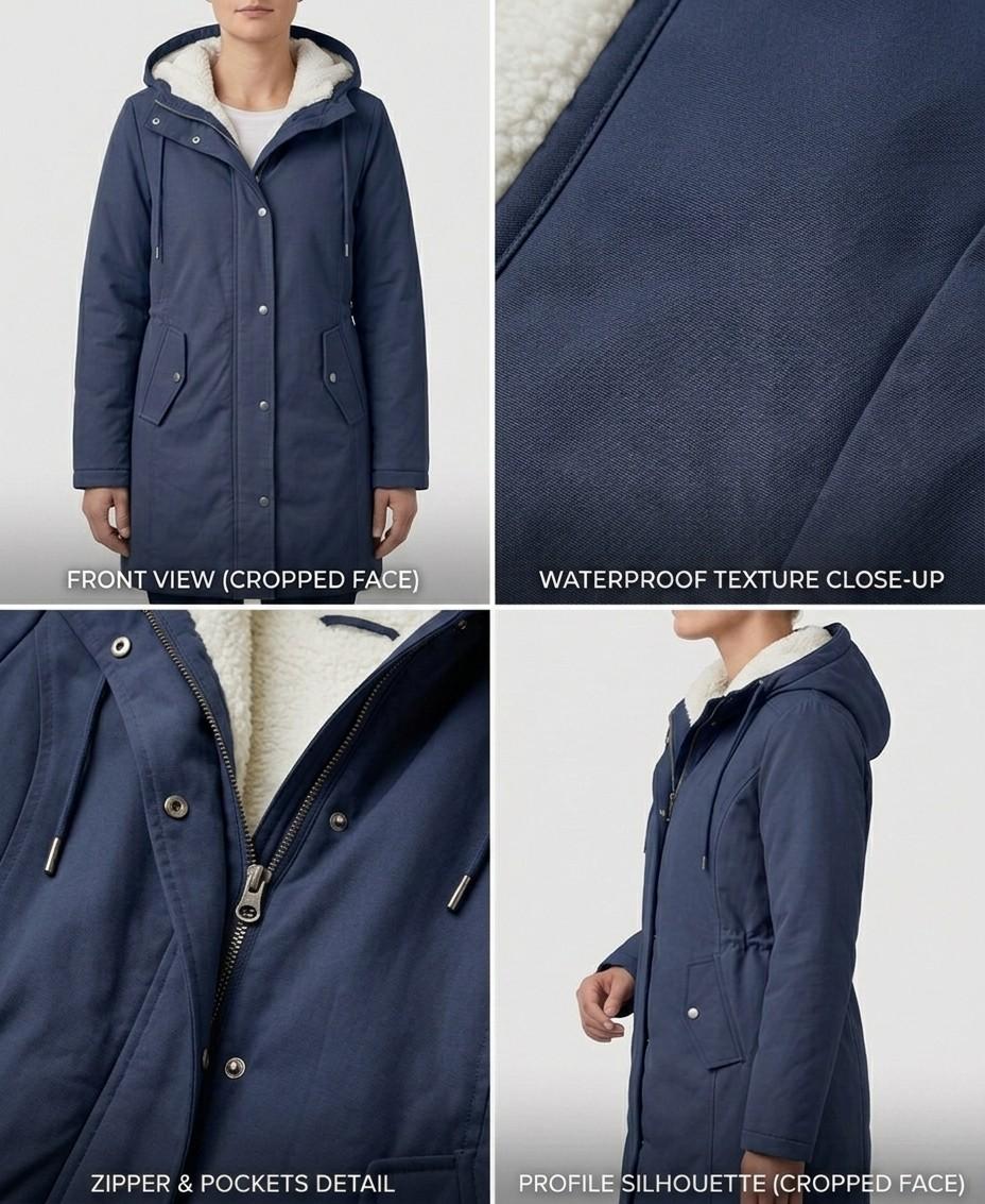 Back view of the khaki Elara waterproof fleece-lined parka, showing the full hood and smooth design.