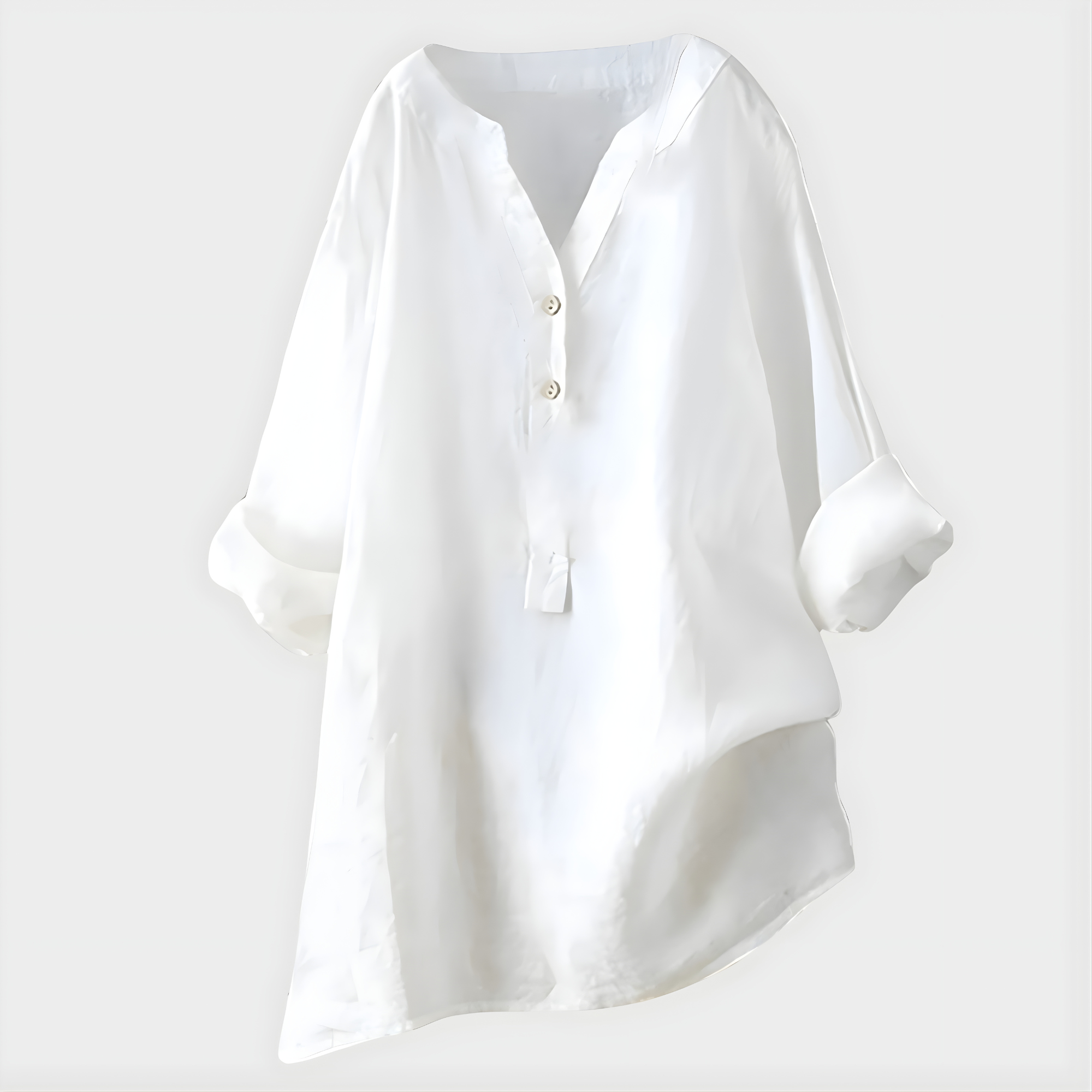 Back view of the Elara blouse in light grey, showing the gentle drape and sophisticated design.