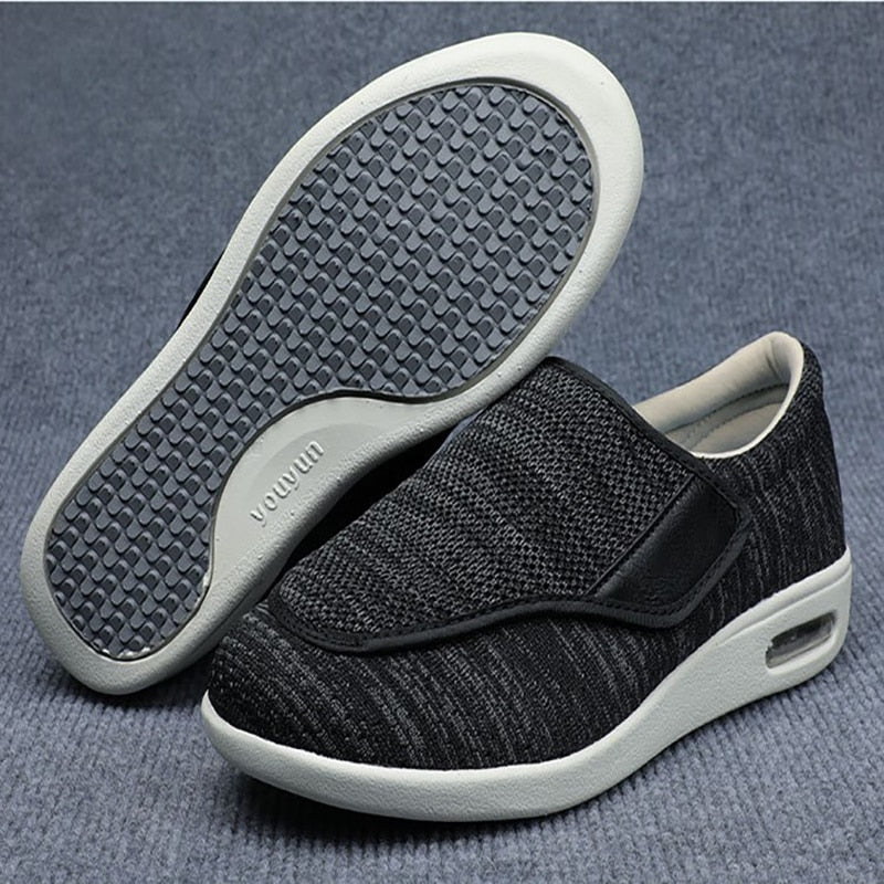 Detailed view of the breathable mesh upper material on the Elara comfort shoe, showing its stretch and airy texture.