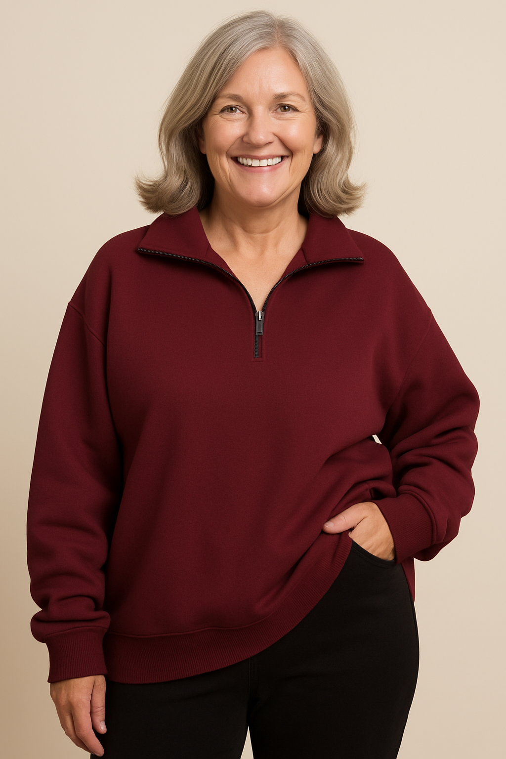 Image of the Elara quarter-zip knit in black, offering a sophisticated and timeless option for the stylish pullover.