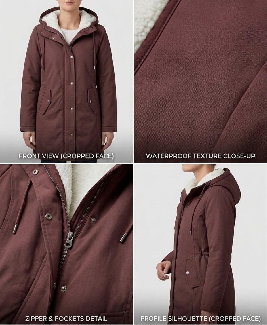 Inside view of the Elara parka, revealing the plush, high-loft fleece lining in a contrasting color.