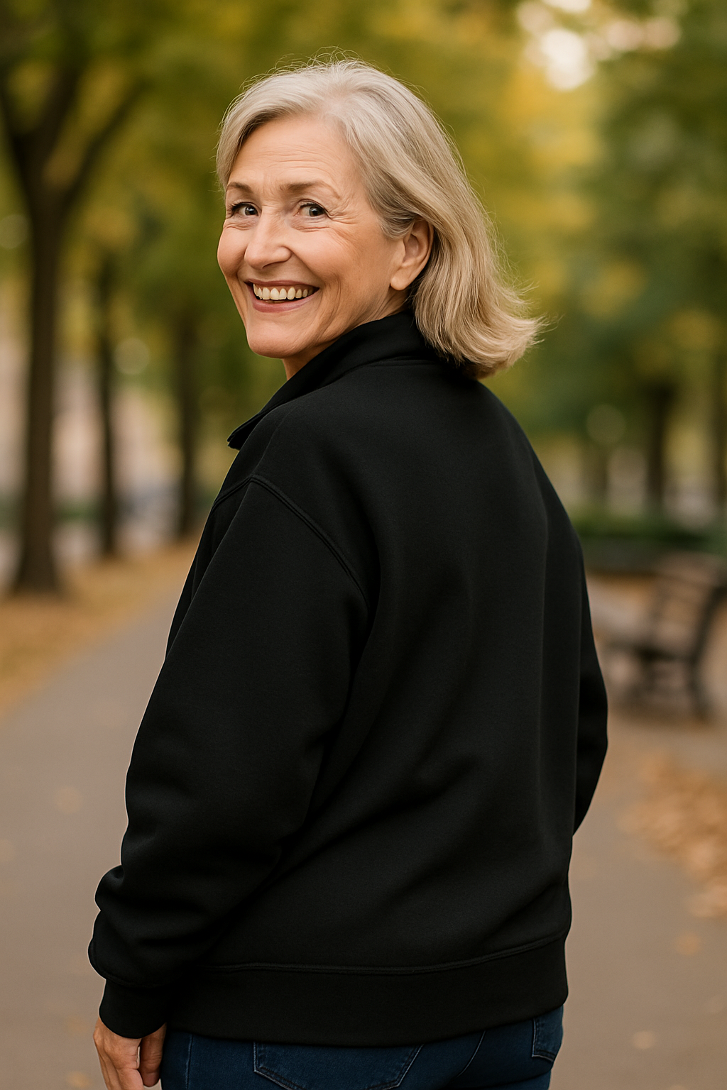 Model in a natural setting wearing the Elara quarter-zip knit in light grey, illustrating its suitability for outdoor activities.