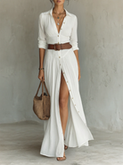 Front view of the Paloma long sleeve linen blend maxi dress in white, showcasing its elegant lapel collar.