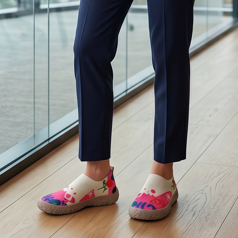 Side profile of the Ella artistic slip-on shoes, highlighting the lightweight mesh and flexible sole.