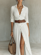 Close-up detail of the single-breasted closure and fabric texture on the Paloma linen blend maxi dress.