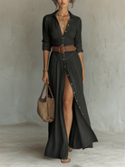 Back view of the Paloma long sleeve linen blend maxi dress, showing the full length and drape.