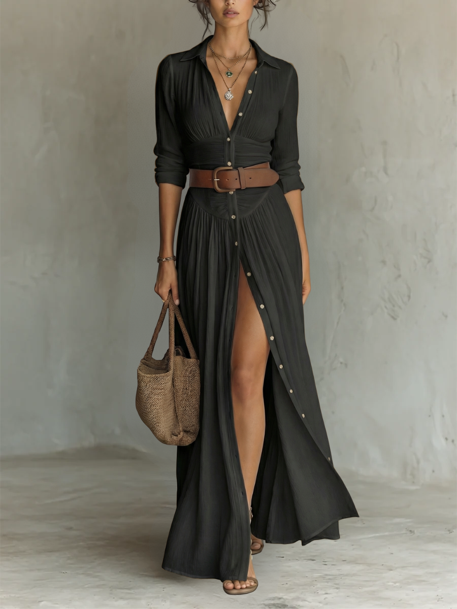 Back view of the Paloma long sleeve linen blend maxi dress, showing the full length and drape.