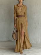 Detail shot of the long sleeve cuff and the breathable cotton-linen blend fabric of the dress.